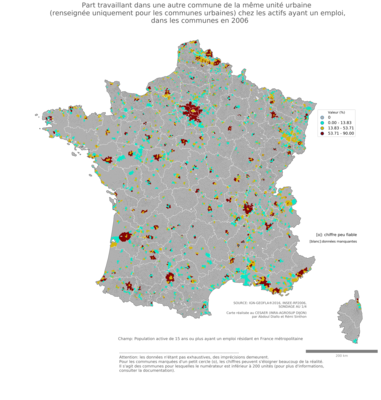 Part travaillant dans une autre commune de la même unité urbaine (renseignée uniquement pour les communes urbaines) chez les actifs ayant un emploi - com2006
Mots-clés: lieu de travail;conditions de travail et d-emploi;communes