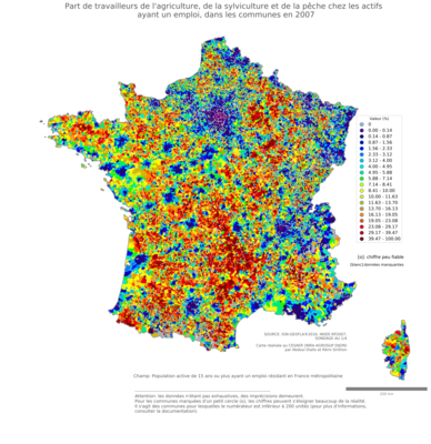 Part de travailleurs de l'agriculture, de la sylviculture et de la pêche chez les actifs ayant un emploi - com2006
Mots-clés: secteur d-activité;communes