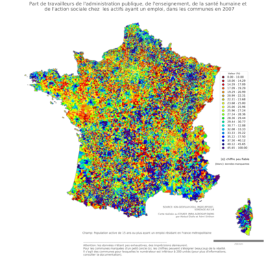 Part de travailleurs de l'administration publique, de l'enseignement, de la santé humaine et de l'action sociale chez les actifs ayant un emploi - com2006
Mots-clés: secteur d-activité;fonction publique ou indépendance;communes