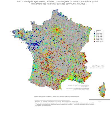 Part d'immigrés agriculteurs, artisans, commerçants ou chefs d'entreprise parmi l'ensemble des résidents - com2006
Mots-clés: immigration;profession;fonction publique ou indépendance;communes