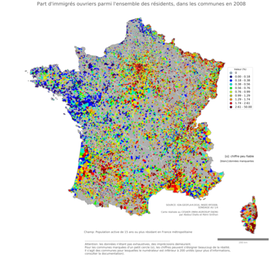 Part d'immigrés ouvriers parmi l'ensemble des résidents - com2006
Mots-clés: immigration;profession;classes populaires;communes