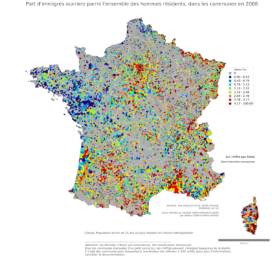 Part d'immigrés ouvriers parmi l'ensemble des hommes résidents - com2006
Mots-clés: immigration;sexe;hommes;classes populaires;communes