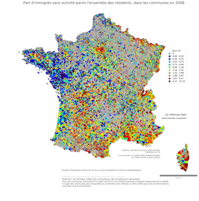 Part d'immigrés sans activité parmi l'ensemble des résidents - com2006
Mots-clés: immigration;chômage;classes populaires;communes