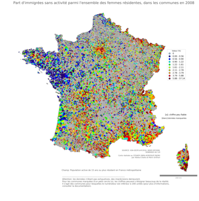 Part d'immigrées sans activité parmi l'ensemble des femmes résidentes - com2006
Mots-clés: immigration;chômage;sexe;femmes;classes populaires;communes