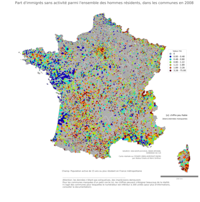 Part d'immigrés sans activité parmi l'ensemble des hommes résidents - com2006
Mots-clés: immigration;chômage;sexe;hommes;classes populaires;communes