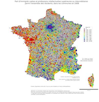 Part d'immigrés cadres et professions intellectuelles supérieures ou intermédiaires parmi l'ensemble des résidents - com2006
Mots-clés: immigration;profession;classes supérieures;communes