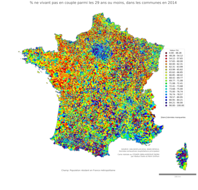 Part ne vivant pas en couple parmi les 29 ans ou moins - com2014
Mots-clés: couple;âge;communes