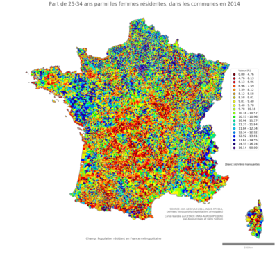 Part de 25'34 ans parmi les femmes résidentes - com2014
Mots-clés: âge;sexe;femmes;communes