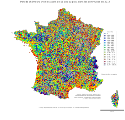 Part de chômeurs chez les actifs de 55 ans ou plus - com2014
Mots-clés: chômage;âge;classes populaires;communes