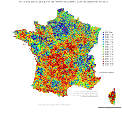 Part de 65 ans ou plus parmi les femmes résidentes - com2014
Mots-clés: âge;sexe;femmes;communes