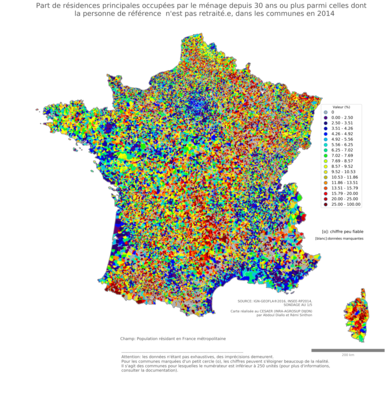 Part de résidences principales occupées par le ménage depuis 30 ans ou plus parmi celles dont la personne de référence n'est pas retraité.e - com2014
Mots-clés: résidence et logement;âge;communes