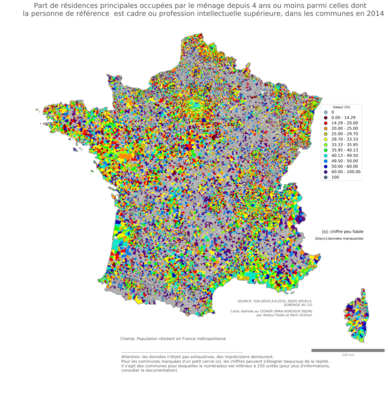 Part de résidences principales occupées par le ménage depuis 4 ans ou moins parmi celles dont la personne de référence est cadre ou profession intellectuelle supérieure - com2014
Mots-clés: résidence et logement;profession;classes supérieures;communes