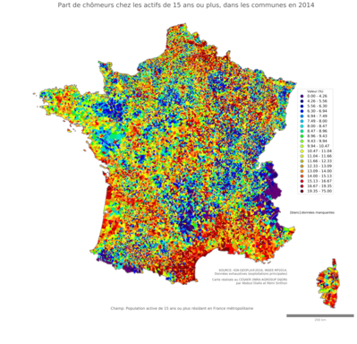 Part de chômeurs chez les actifs de 15 ans ou plus - com2014
Mots-clés: chômage;classes populaires;communes