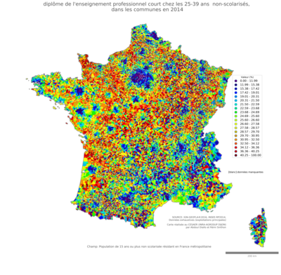  diplôme de l'enseignement professionnel court chez les 25'39 ans non'scolarisés - com2014
Mots-clés: études et diplôme;âge;classes populaires;communes