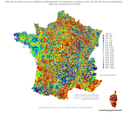 Part de titulaires d'aucun diplôme professionnel ou supérieur au brevet chez les 25'39 ans non'scolarisés - com2014
Mots-clés: études et diplôme;âge;classes populaires;communes