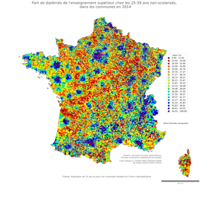 Part de diplômés de l'enseignement supérieur chez les 25'39 ans non'scolarisés - com2014
Mots-clés: études et diplôme;âge;classes supérieures;communes