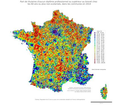 Part de titulaires d'aucun diplôme professionnel ou supérieur au brevet chez les 60 ans ou plus non'scolarisés - com2014
Mots-clés: études et diplôme;âge;classes populaires;communes