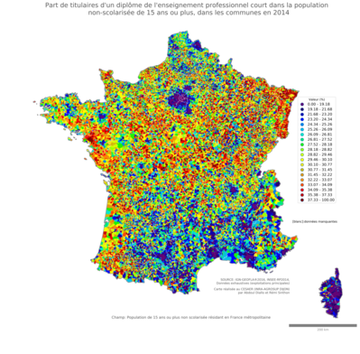 Part de titulaires d'un diplôme de l'enseignement professionnel court dans la population non'scolarisée de 15 ans ou plus - com2014
Mots-clés: études et diplôme;classes populaires;communes