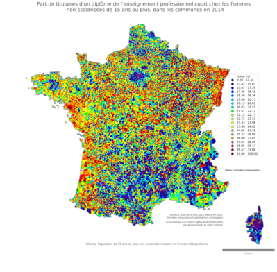 Part de titulaires d'un diplôme de l'enseignement professionnel court chez les femmes non'scolarisées de 15 ans ou plus - com2014
Mots-clés: études et diplôme;sexe;femmes;classes populaires;communes