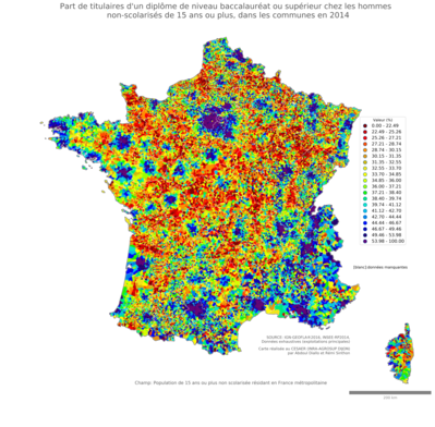 Part de titulaires d'un diplôme de niveau baccalauréat ou supérieur chez les hommes non'scolarisés de 15 ans ou plus - com2014
Mots-clés: études et diplôme;sexe;hommes;communes