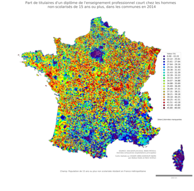 Part de titulaires d'un diplôme de l'enseignement professionnel court chez les hommes non'scolarisés de 15 ans ou plus - com2014
Mots-clés: études et diplôme;sexe;hommes;classes populaires;communes