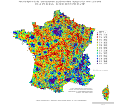 Part de diplômés de l'enseignement supérieur dans la population non'scolarisée de 15 ans ou plus - com2014
Mots-clés: études et diplôme;classes supérieures;communes