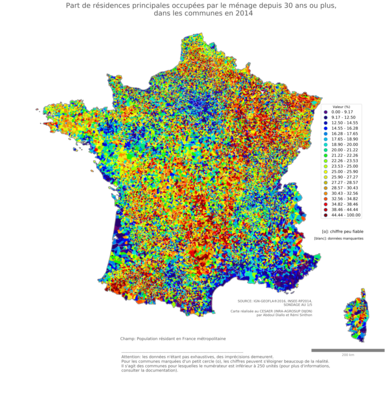 Part de résidences principales occupées par le ménage depuis 30 ans ou plus - com2014
Mots-clés: résidence et logement;communes