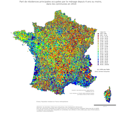 Part de résidences principales occupées par le ménage depuis 4 ans ou moins - com2014
Mots-clés: résidence et logement;communes