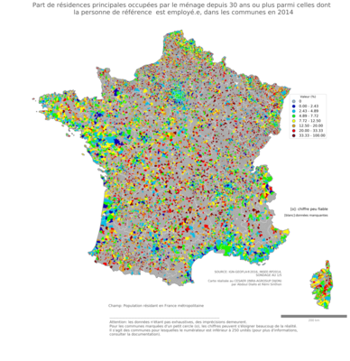 Part de résidences principales occupées par le ménage depuis 30 ans ou plus parmi celles dont la personne de référence est employé.e - com2014
Mots-clés: résidence et logement;profession;classes populaires;communes