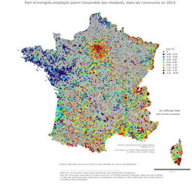 Part d'immigrés employés parmi l'ensemble des résidents - com2014
Mots-clés: immigration;profession;classes populaires;communes