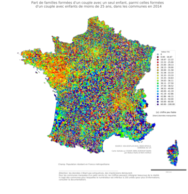 Part de familles formées d'un couple avec un seul enfant, parmi celles formées d'un couple avec enfants de moins de 25 ans - com2014
Mots-clés: famille et enfants;communes