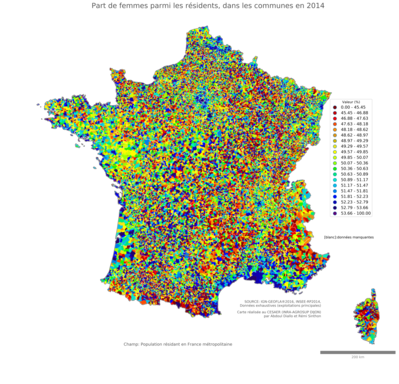 Part de femmes parmi les résidents - com2014
Mots-clés: sexe;femmes;communes