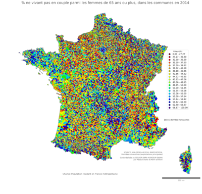 Part ne vivant pas en couple parmi les femmes de 65 ans ou plus - com2014
Mots-clés: couple;âge;sexe;femmes;communes