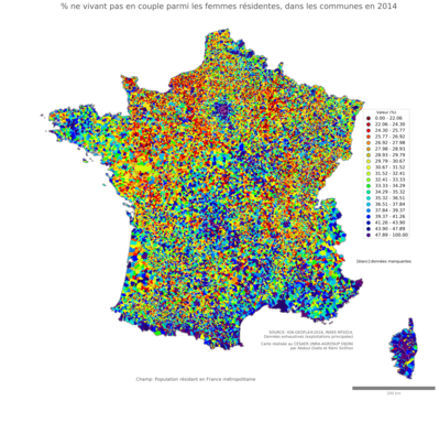 Part ne vivant pas en couple parmi les femmes résidentes - com2014
Mots-clés: couple;sexe;femmes;communes