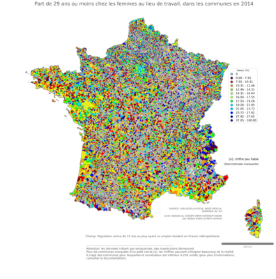 Part de 29 ans ou moins chez les femmes au lieu de travail - com2014
Mots-clés: âge;lieu de travail;communes