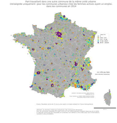 Part travaillant dans une autre commune de la même unité urbaine (renseignée uniquement pour les communes urbaines) chez les femmes actives ayant un emploi - com2014
Mots-clés: lieu de travail;conditions de travail et d-emploi;sexe;femmes;communes