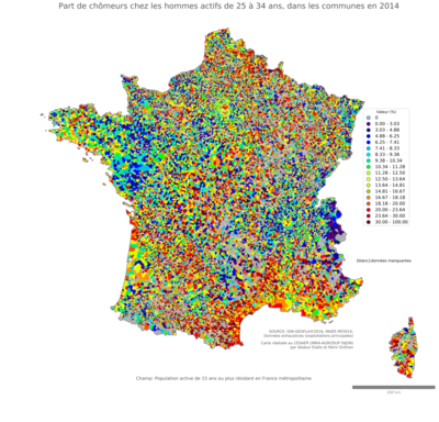 Part de chômeurs chez les hommes actifs de 25 à 34 ans - com2014
Mots-clés: chômage;sexe;hommes;âge;classes populaires;communes