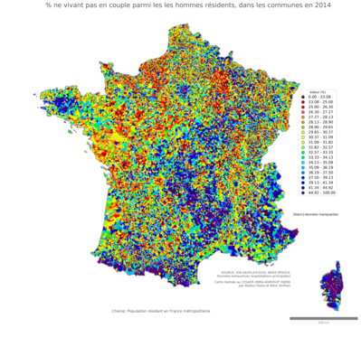 Part ne vivant pas en couple parmi les les hommes résidents - com2014
Mots-clés: couple;sexe;hommes;communes