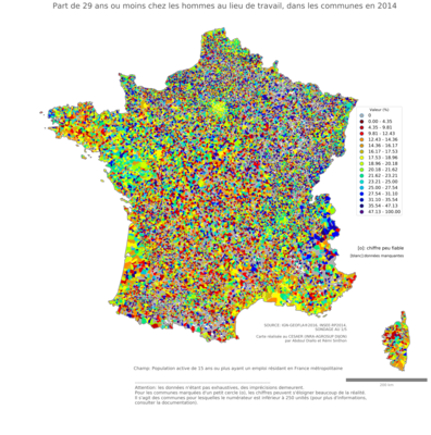 Part de 29 ans ou moins chez les hommes au lieu de travail - com2014
Mots-clés: âge;lieu de travail;communes