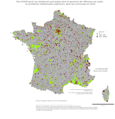 Part d'HLM parmi les résidences principales dont la personne de référence est cadre ou profession intellectuelle supérieure - com2014
Mots-clés: résidence et logement;profession;conditions d-existence;classes supérieures;classes populaires;communes