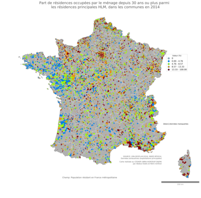 Part de résidences occupées par le ménage depuis 30 ans ou plus parmi les résidences principales HLM - com2014
Mots-clés: résidence et logement;conditions d-existence;classes populaires;communes