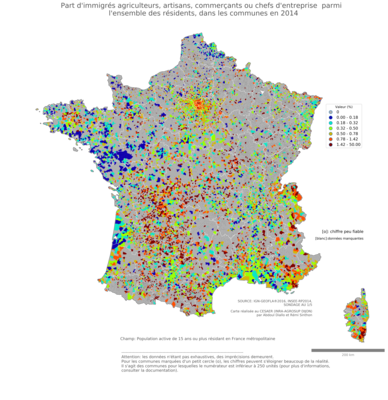 Part d'immigrés agriculteurs, artisans, commerçants ou chefs d'entreprise parmi l'ensemble des résidents - com2014
Mots-clés: immigration;profession;fonction publique ou indépendance;communes