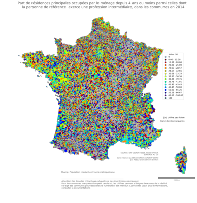 Part de résidences principales occupées par le ménage depuis 4 ans ou moins parmi celles dont la personne de référence exerce une profession intermédiaire - com2014
Mots-clés: résidence et logement;profession;communes