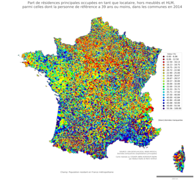 Part de résidences principales occupées en tant que locataire, hors meublés et HLM, parmi celles dont la personne de référence a 39 ans ou moins - com2014
Mots-clés: résidence et logement;âge;conditions d-existence;classes populaires;communes