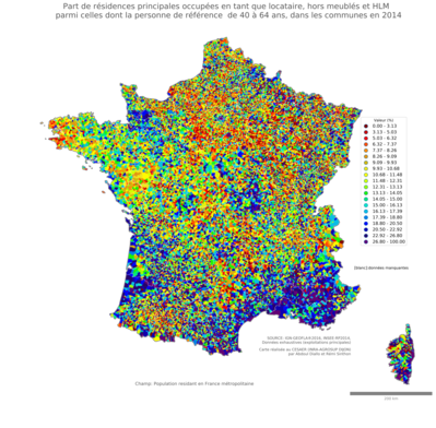 Part de résidences principales occupées en tant que locataire, hors meublés et HLM parmi celles dont la personne de référence a de 40 à 64 ans - com2014
Mots-clés: résidence et logement;âge;conditions d-existence;communes