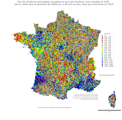 Part de résidences principales occupées en tant que locataire, hors meublés et HLM, parmi celles dont la personne de référence a 65 ans ou plus - com2014
Mots-clés: résidence et logement;âge;conditions d-existence;communes