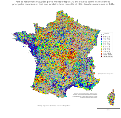 Part de résidences occupées par le ménage depuis 30 ans ou plus parmi les résidences principales occupées en tant que locataire, hors meublés et HLM - com2014
Mots-clés: résidence et logement;conditions d-existence;communes