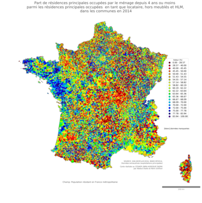 Part de résidences principales occupées par le ménage depuis 4 ans ou moins parmi les résidences principales occupées en tant que locataire, hors meublés et HLM - com2014
Mots-clés: résidence et logement;conditions d-existence;communes