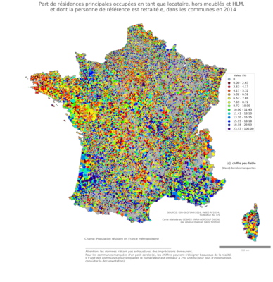 Part de résidences principales occupées en tant que locataire, hors meublés et HLM, et dont la personne de référence est retraité.e - com2014
Mots-clés: résidence et logement;âge;conditions d-existence;communes