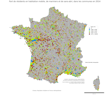 Part de résidents en habitation mobile, de mariniers et de sans'abri - com2014
Mots-clés: résidence et logement;conditions d-existence;classes populaires;communes